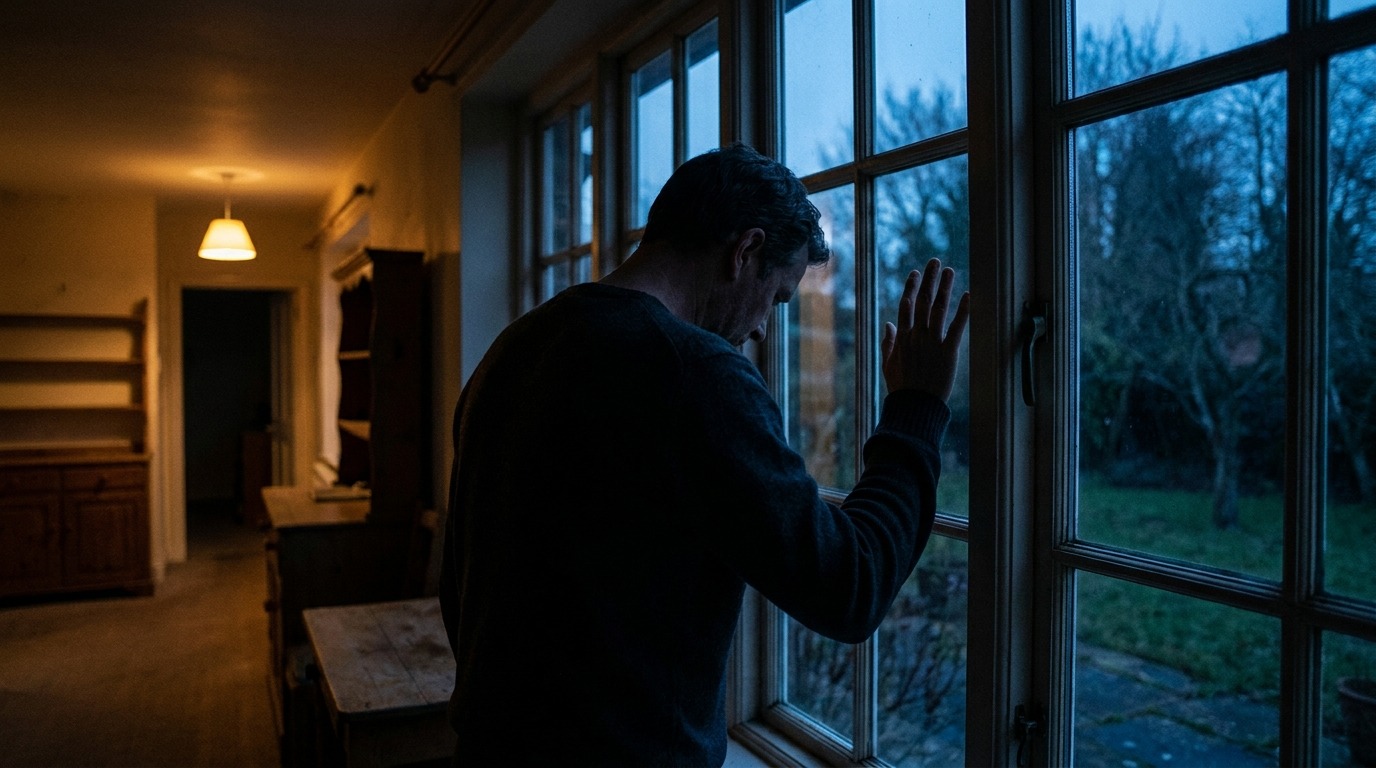A person stands at a dusk-lit window with one hand on the glass, head bowed, in a quiet house.